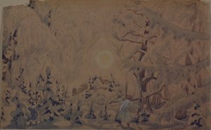 Bühnenbild für die Oper Die Schneeflöte von N. Rimski-Korsakow, 1910 von Boris Mikhailovich Kustodiev