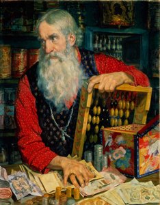 Der Kaufmann alter Mann mit Geld, 1918 von Boris Mikhailovich Kustodiev