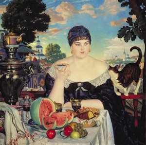 Die Frau des Kaufmanns beim Tee von Boris Mikhailovich Kustodiev