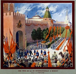Feier der Dritten Internationale in Moskau. Die Dritte Internationale (oder Komintern oder Kommunistische Internationale) wurde am 2. März 1919 gegründet. Zeichnung von Boris Zvorykin (1872-1935) von Boris Vasilievich Zvorykin