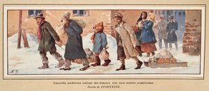 Sowjetische Arbeiter verlassen das Büro mit ihren Essensrationen, aus Histoire des Soviets, veröffentlicht 1922 von Boris Vasilievich Zvorykin