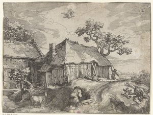 Landschaft mit Bauernhof und Raub von Ganymedes von Boëtius Adamsz. Bolswert