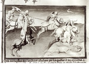 Ms Fr 2810 Der mongolische Anführer Hulagu, Khan des Ilkhanats, jagt seinen Cousin Berke, Khan der Kipchak oder Goldenen Horde im Jahr 1262 und zwingt ihn in einen Fluss, aus Livre des Merveilles du Monde, ca. 1410