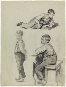 Drei Studien eines Jungen, stehend, liegend und sitzend auf einer Bank