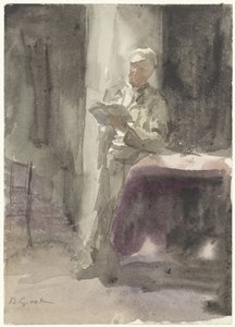 Mann mit einem Buch, stehend an einem Tisch und Fenster von Bramine Hubrecht