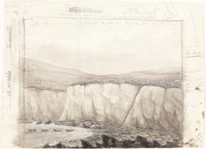 Skizze von Booten in der Nähe einer Klippe von British 19th Century