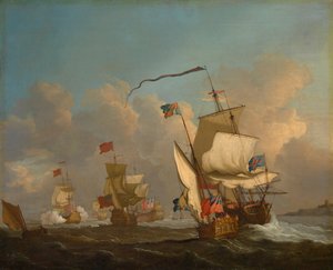 Eine königliche Yacht mit einer Flotte, die bei einer Brise in See sticht, ca. 1720 von British School