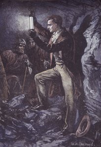 Humphry Davy mit Davy-Sicherheitslampe für Bergleute, erfunden 1815 (handkolorierter Holzstich)