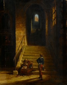 Innenansicht einer Burg mit einem sitzenden Mönch, ca. 1850 von British School
