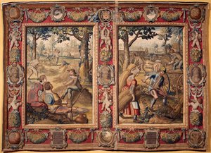 Juli und August: „landwirtschaftliche Arbeiten und Ernten“ Wandteppich der Manufakturen von Mortlake. 17. Jahrhundert Genua, Musei di Strada Nuova