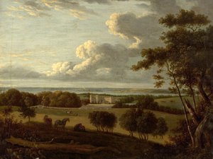 Landschaft in Küstennähe (Ansicht eines Herrenhauses mit Meer im Hintergrund) von British School