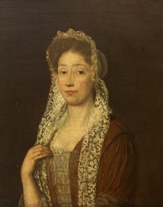 Porträt einer Dame mit Spitzenhaube und Bändern