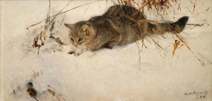 Eine Katze, die eine Maus im Schnee verfolgt