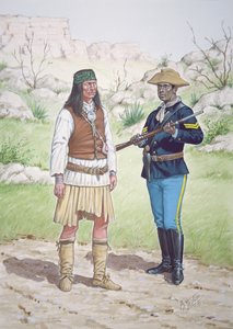 Ein Chiricahua-Apache-Krieger und ein Korporal des 10. Regiments der US-Kavallerie, 1886, aus einer Serie von sechs Tableaus