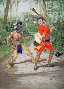 Ein Huron-Krieger gegen einen Soldaten des 44. Regiments zu Fuß im Jahr 1755, aus einer Serie von sechs Tableaus