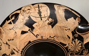 Attische rotfigurige Schale mit Szenen aus dem Trojanischen Krieg, ca. 490 v. Chr. (Keramik) (Detail) von Brygos Painter