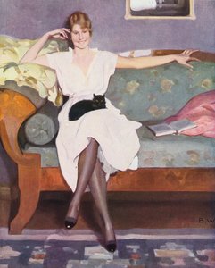 Frau mit Katze auf einem Sofa sitzend (Farblithografie)