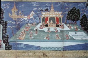 Ma 565 König Nimi in seinem göttlichen Wagen, gesandt von Indra und geführt von dem Engel Matali, besucht den Himmel und findet Frauen von unvergleichlicher Schönheit, aus dem Nimi Jataka, 1869 von Burmese School