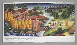 Mönche überqueren einen Fluss, Szenen aus dem Leben Buddhas (Pergament) von Burmese School