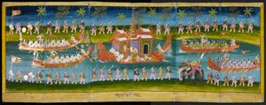 Parabaik-Bild, das ein königliches Fest auf dem Wasser zeigt, Königliche Barkenprozession, Or 16761, f. 35r von Burmese School