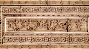 Kampfszene. Elfenbeinrelief. Oberer Teil einer Schachtel (10. Jahrhundert). Musée Cluny, Paris von Byzantine