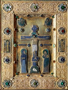 Evangelium aus Gold und Emaille, verziert mit Goldblättern und Filigrankreuz, das die Jungfrau und den Heiligen Johannes darstellt. 12.-13. Jahrhundert. Venedig, Schatz von San Marco