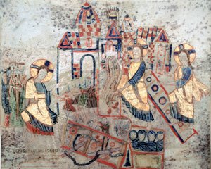 Byzantinische Kunst: „Darstellung des Erlösers Christus, der die Tore der Unterwelt niederreißt, Satan zerschmettert und Seelen befreit“ Miniatur aus „Exultet“ vom Anfang des 11. Jahrhunderts Museo Diocesano, Gaeta von Byzantine