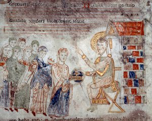Byzantinische Kunst: „Die Vertreter der verschiedenen Reiche huldigen Christus mit Gaben“ Miniatur aus „Exultet“ vom Anfang des 11. Jahrhunderts Museo Diocesano, Gaeta von Byzantine
