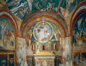 Kapelle des Heiligen Eldrad und des Heiligen Nikolaus mit romanischen Fresken im byzantinischen Stil, Spätes 11. Jahrhundert, Abtei von Novalesa, Piemont, Italien von Byzantine