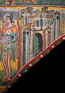 Christliche Kunst: „Anbetung der Heiligen Drei Könige“. Detail der Landschaft. Mosaik des 5. Jahrhunderts. Triumphbogen, Basilika Santa Maria Maggiore, Rom.