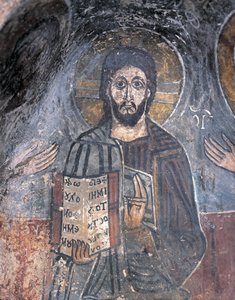 Nahaufnahme eines Freskos eines Pantokrators, Christus Pantokrator, Zoupena, Sparta, Peloponnes, Griechenland