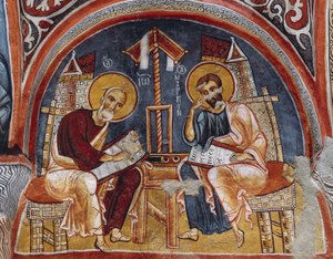 Evangelisten Lukas und Matthäus schreiben Evangelien, Karanlik Kilise (Dunkle Kirche) (12.-13. Jahrhundert), Göreme (Unesco-Welterbeliste) von Byzantine