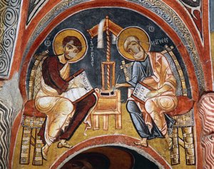 Evangelisten Markus und Johannes schreiben die Evangelien, Karanlik Kilise (Dunkle Kirche) (12.-13. Jahrhundert), Göreme (UNESCO-Welterbe) von Byzantine