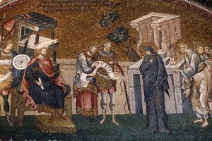 Maria und Joseph vor Cyremius zur Einschreibung für die Besteuerung, mit einem Wächter, einem Schreiber und einem Offizier, ca. 14. Jahrhundert (Mosaik)