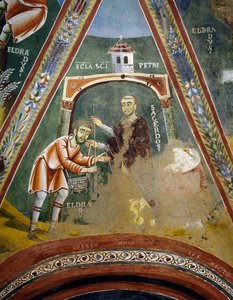 Der heilige Eldrad auf dem Weg nach Santiago de Compostela, Detail aus den Geschichten des heiligen Eldrad, Romanisches Fresko, Byzantinischer Stil, spätes 11. Jahrhundert, Kapelle des heiligen Eldrad und des heiligen Nikolaus, Abtei Novalesa, Piemont