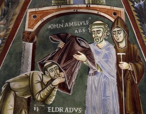 Der heilige Eldrad kehrt von Santiago de Compostela zurück und erhält das Ordensgewand vom Abt von Novalesa, Geschichten aus dem Leben des heiligen Eldrad, romanisches Fresko, byzantinischer Stil, Kapelle des heiligen Eldrad und des heiligen Nikolaus, Abte