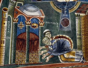 Der heilige Nikolaus wird zum Bischof von Myra geweiht, Detail aus den Geschichten des heiligen Nikolaus, Romanisches Fresko, Byzantinischer Stil, spätes 11. Jahrhundert, Kapelle des heiligen Eldrad und des heiligen Nikolaus, Abtei Novalesa, Piemont