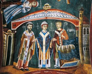 Der heilige Nikolaus wird zum Bischof von Myra geweiht, Detail aus den Geschichten des heiligen Nikolaus, romanisches Fresko, byzantinischer Stil, spätes 11. Jahrhundert, Kapelle des Heiligen Eldrad und des Heiligen Nikolaus, Abtei von Novalesa, Piemont, I von Byzantine
