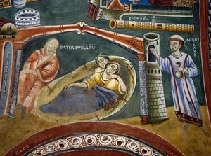 Heiliger Nikolaus rettet reichen Kaufmann, der in Armut gefallen ist, und bezahlt die Mitgift seiner Töchter, Detail aus den Geschichten des Heiligen Nikolaus, Romanisches Fresko, Byzantinischer Stil, spätes 11. Jahrhundert, Kapelle des Heiligen Eldrad und