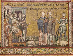 Hl. Cassius und hl. Casto vor dem Kaiser, byzantinisches Mosaik, XII-XIII Jahrhundert, an der Gegenfassade