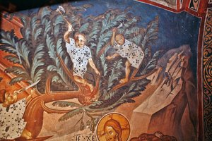 Der Einzug Christi in Jerusalem. Detail: Kinder schneiden Palmzweige - Malerei von Damiane (aktiv im 14. Jahrhundert) - 14. Jahrhundert - Fresko - St. Georgs Kloster, Ubisi