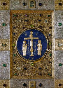 Ikone, die Christus am Kreuz zwischen der Jungfrau und Johannes dem Täufer mit Medaillons der vier Evangelisten darstellt von Byzantine Byzantine