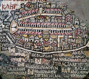 Byzantinische Kunst: älteste Karte von Palästina. Detail, das Jerusalem darstellt. Mosaik aus dem 6. Jahrhundert. Madaba, Kirche St. Georg von Byzantine School