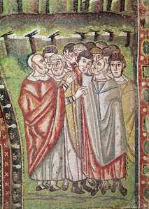 Das hebräische Volk, Detail der Gastfreundschaft Abrahams und des Opfers Isaaks, 6. Jahrhundert (Mosaik)