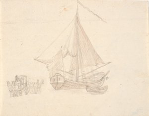 Ein Schiff mit Segel und Wimpel und ein Boot. Links zwei Pferdewagen von C.A. Lorentzen