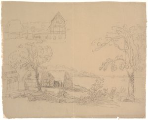 Landschaft mit Bauernhof an einem See