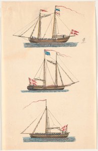 Drei Marineschiffe mit dänischen Flaggen. Rudergezogen von C.A. Lorentzen