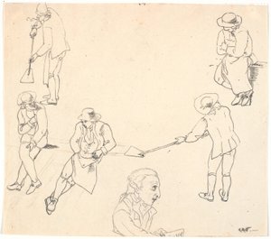 Skizze mit sechs männlichen Figuren, zwei mit Schaufeln, drei sitzend, sowie ein Männerprofil von C.D. Fritzsch