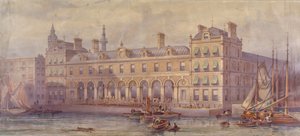 Ansicht des Billingsgate-Marktes mit Figuren und Booten im Vordergrund, London, 1877