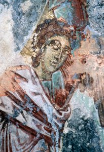 Männliche Figur, beschädigtes Fresko an der Decke der Kirche Agios Vasileios, Vavouledo, Kreta, Griechenland (Foto) von J.B. and Brown J. Rowbotham
